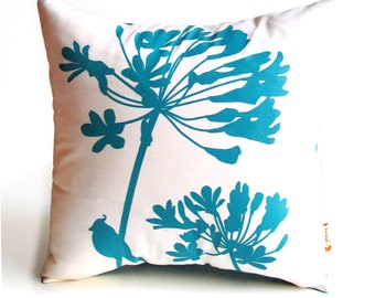 Teal Green Print on Off-White Cardinal on Agapanthus-Mini 10.5 Inches Square Pillow