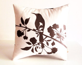 Brown Print on Off white Blooming Blossom-Mini 10.5 Inches Square Pillow