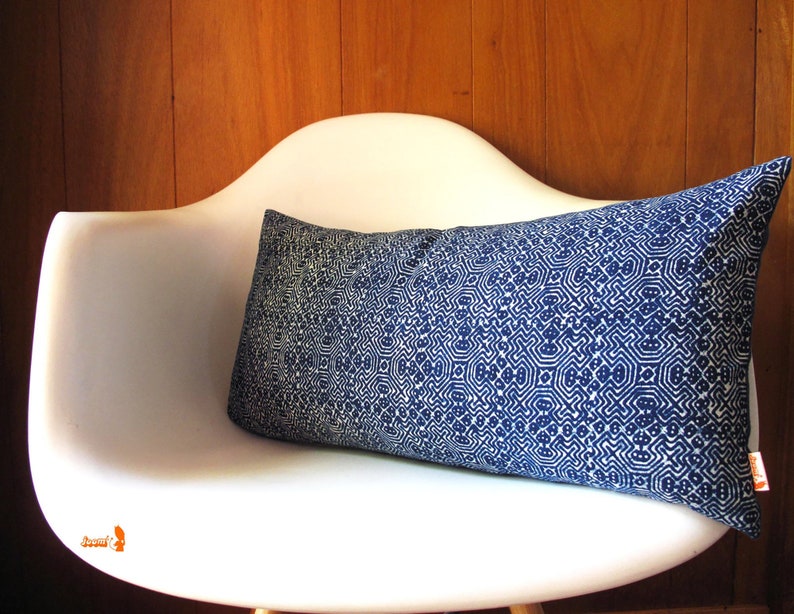 Blue Batik Indigo Hmong Textile Long Lumbar Zipper Long Lumbar Pillow Boho Linen Decorative Pillow image 9