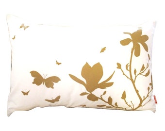 Mustard Print on Off White Cotton Magnolia and Butterfies Rectangle Pillow