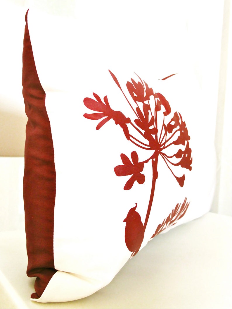 SALE Burgundy Red Print on Off White Cardinal on Agapanthus Rectangle Pillow Ready to ship image 4