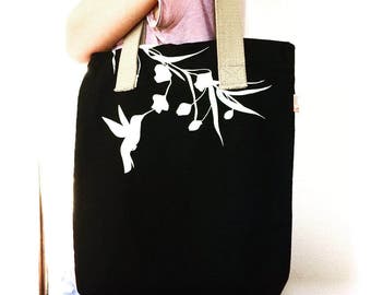 Black Canvas Tote Bag: Hummingbird & Eucalyptus Print
