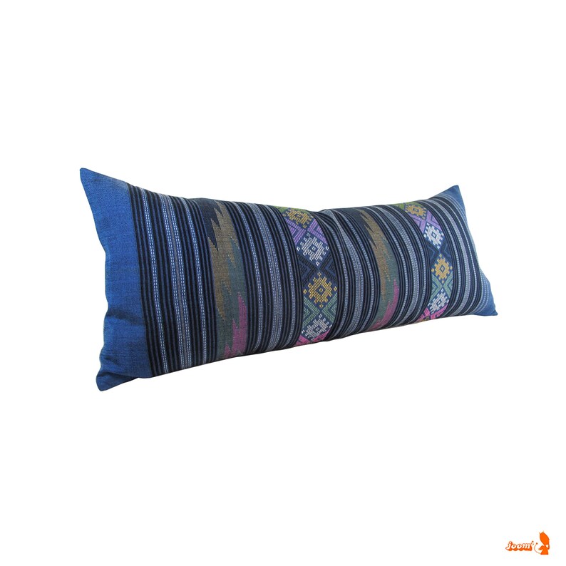 Prussian Blue Water Flow Pattern Hand Woven Textile Lumbar Pillow 12 x 30 Tapestry Weaving Boho Pillow. image 2