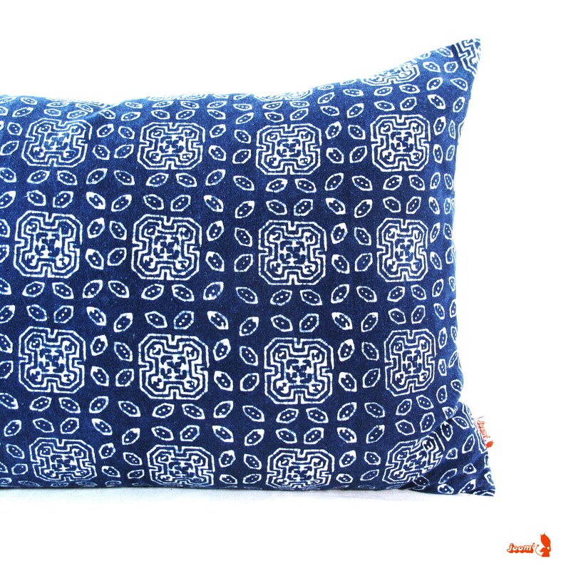 Blue Batik Indigo Hmong Textile Linen Rectangle Pillow Boho Linen Decorative Pillow image 4