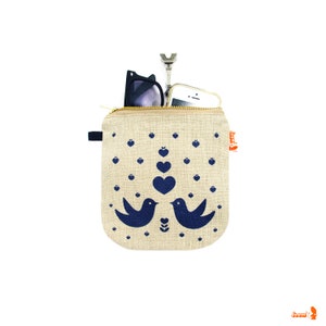 Lovebirds Linen Zipper Pouch Blue