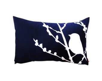 Navy Blue Bird on Cherry Blossom Pillow