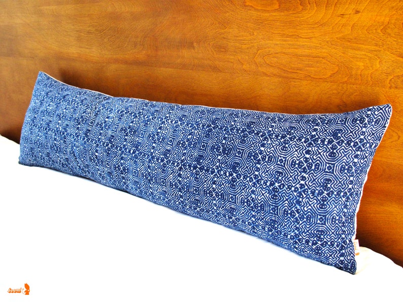 Blue Batik Indigo Hmong Textile Long Lumbar Zipper Long Lumbar Pillow Boho Linen Decorative Pillow image 5