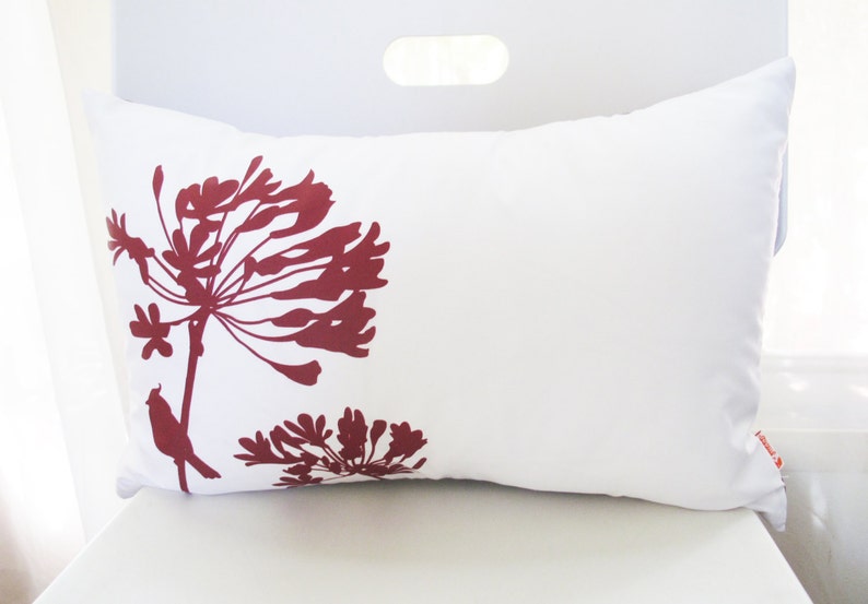 SALE Burgundy Red Print on Off White Cardinal on Agapanthus Rectangle Pillow Ready to ship image 3