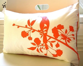 Orange Bird Blossom Pillow: Silkscreened Cotton Rectangle Cushion