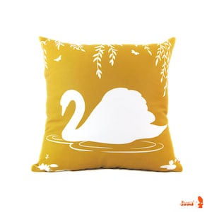 Bird Throw Pillow - Modern Home Decor - White and Golden Brown Swan in the Swamp 18 inches Square Linen Pillow Cover