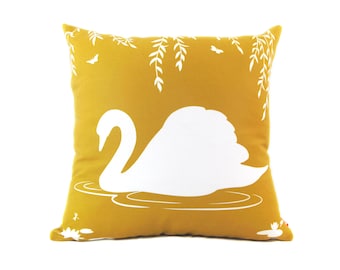 Swan Throw Pillow: Modern Linen Home Decor, Golden Brown and White, 18" Square