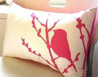 Hot Pink on Off- White Bird on Cherry Blossom Pillow