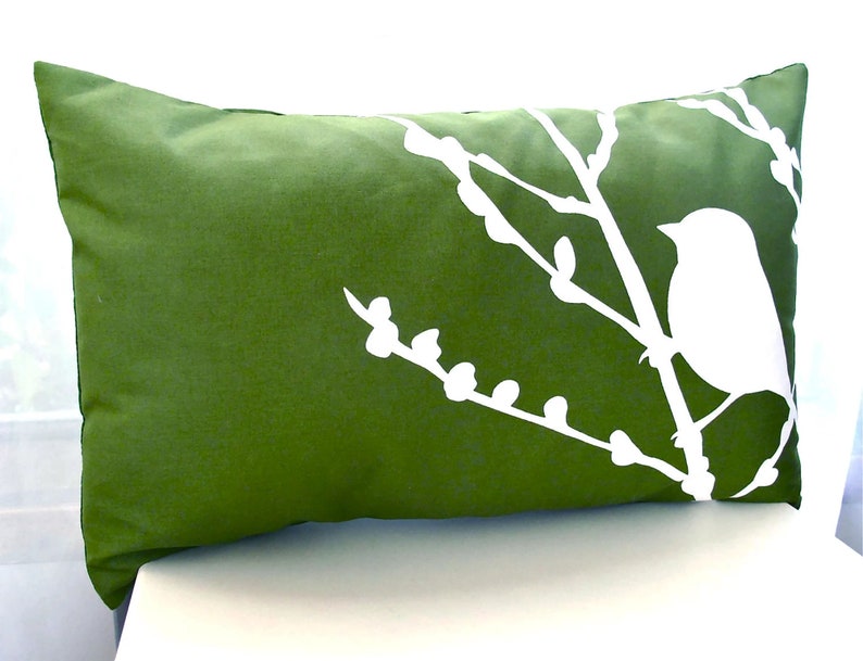 Grass Green Bird on Cherry Blossom Rectangle Pillow image 3