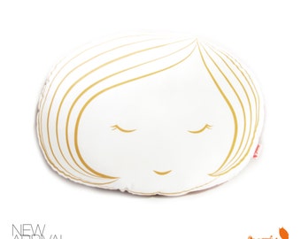 Limited Edition Girl Face Plush Pillow in Mustard Yellow Print