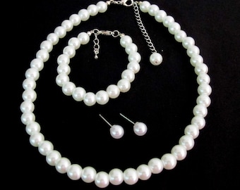 Pearl jewelry set. White Pearl Set White pearl Necklace bridesmaid Flower Girl Baptism Jewelry Set White Necklace Set Free Shipping In USA