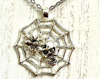 Skull Spider Pendant Necklace, Skull Pendant w Spider Crawling on it Pendant -Halloween Spooky Creepy Scary Necklace Creepy Chain Necklace