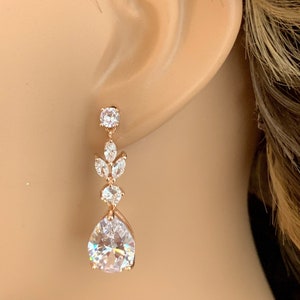 Crystal Bridesmaid earrings, Wedding jewelry, Rose gold earrings Rose gold bridesmaid earrings, Sister Gift, Best friend Long Dangle Earring