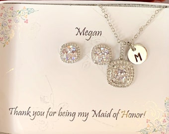 Bridesmaid gift Set, CZ Bridal Earrings Square Cz Jewelry Set,Personalized Wedding Jewelry Set,  Cubic Zirconia, Ear Studs, Bridal Jewelry