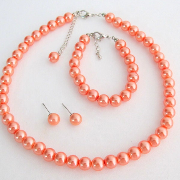 Orange Pearl Set Orange Pearl Necklace Orange Pearl Bracelet Orange Pearl Earrings Bridesmaid Free Shipping In USA