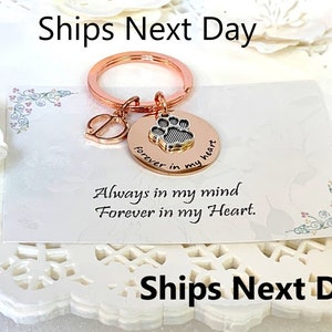 May include: Rose gold keychain with a paw print charm and a letter "D" charm. The paw print charm has the words "forever in my heart" engraved on it. The card reads "Always in my mind, Forever in my Heart."