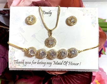 Personalized Bridesmaid Jewelry Set, Cubic Zirconia Earrings, Necklace, Bracelet