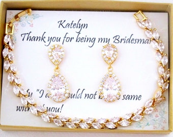 Pear CZ Gold Bridesmaid Jewelry Set, Wedding Earrings