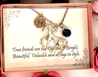 Personalisierte Pferd Halskette, Pferd Schmuck für Mädchen, Pferd Halskette, Pferd Initial Geburtsstein Halskette, Reiter Halskette, Pferdeliebhaber Geschenke