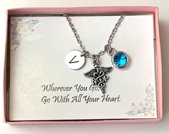 Nurse Practitioner Necklace, Nurse Practitioner Gifts, Personalized Initial & Birthstone , Caduceus jewelry, NP jewelry, Gift for Nurse