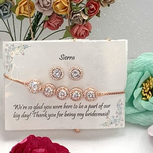 Colar personalizado, conjunto de presente de dama de honra em ouro rosa, pulseira de brincos, joias de dama de honra, conjunto de joias de noiva, presentes de dama de honra