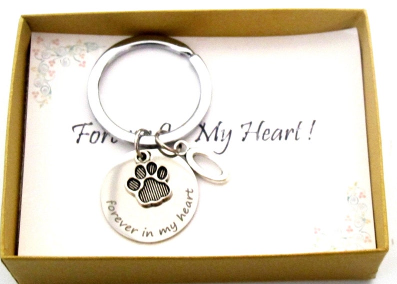 May include: A silver keychain with a paw print charm and the words "forever in my heart." The keychain is displayed in a small, gold-colored box with a decorative card that reads "Forever in My Heart!"
