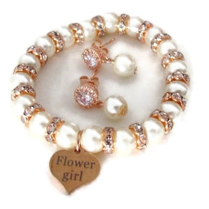 Rose gold  Bracelet Set, Flower girl gift Jewelry, Junior bridesmaid gift, Wedding Jewelry, Rhinestone, Pearl Bracelet, Wedding Party gifts