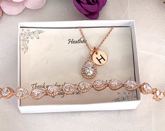 Rose Gold CZ Jewelry Set, Mother of Bride Gift, Bridesmaid Proposal, Personalized Card