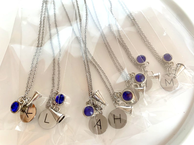 May include: Silver-toned necklaces with a chain, a blue gem, a megaphone charm, and a round charm with a letter engraved on it. The necklaces are displayed on a white surface.