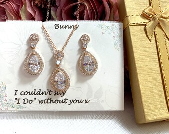 Rose Gold Bridal Jewelry Set, Bridesmaid gift set, Cubic Zirconia Necklace Earrings Set, Rose gold tear drop CZ earrings, cz bridesmaid gift