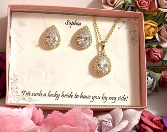 CZ Teardrop Bridesmaid Jewelry Set, Gold Plated, Bridal Earrings Necklace Bracelet