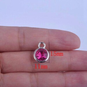 May include: A silver-colored charm with a round, magenta-colored gemstone. The charm is 15mm long and 11mm wide. It has a small loop at the top for attaching to a necklace or bracelet. The gemstone is set in a silver bezel.
