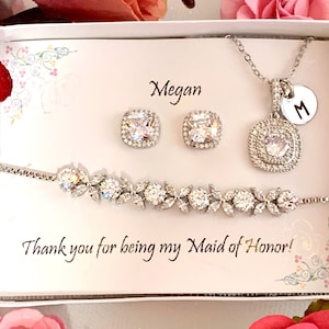 Personalized Wedding Jewelry Set, Bridesmaid gift Set, CZ Bridal Earrings Necklace Bracelet Set, Cubic Zirconia, Ear Studs, Bridal Jewelry