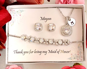 Personalized Wedding Jewelry Set, Bridesmaid gift Set, CZ Bridal Earrings Necklace Bracelet Set, Cubic Zirconia, Ear Studs, Bridal Jewelry