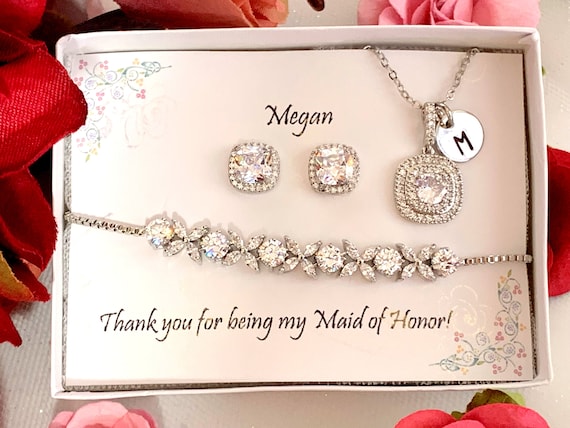 Personalized Wedding Jewelry Set, Bridesmaid gift Set, CZ Bridal Earrings Necklace Bracelet Set, Cubic Zirconia, Ear Studs, Bridal Jewelry