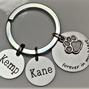 May include: A silver keychain with three circular charms. Two charms are engraved with the names "Kemp" and "Kane". The third charm has a paw print and the words "forever in my heart".