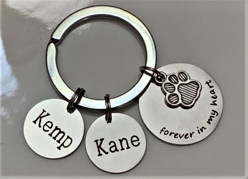 May include: A silver keychain with three circular charms. Two charms are engraved with the names "Kemp" and "Kane". The third charm has a paw print and the words "forever in my heart".