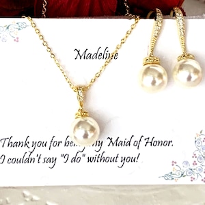 Bridesmaid Pearl Jewelry Set,  Bridesmaids Jewelry Set, Bridesmaid Jewelry Gift, Pearl dangle Earrings, Rose Gold Necklace Earrings Set