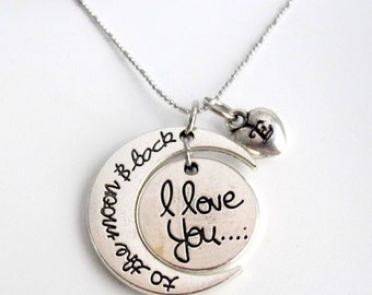 Love You To The Moon, I love you to the moon and back Necklace, Personaized Crescent moon necklace.Heart Initial necklace, Free Shipping USA
