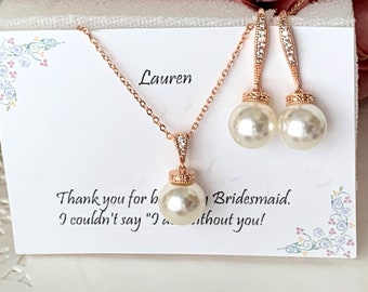 Pearl Dangle Bridesmaid Jewelry Set, Rose Gold Necklace Earrings