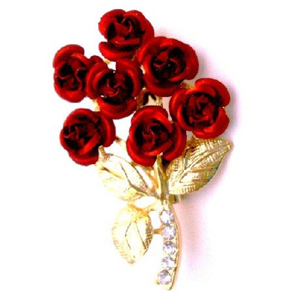 Bouquet Brooch, Red roses brooch,Vintage Rose pin Red Rose Bouquet Cake Brooch Pin Christmas Brooch Red Floral Brooch gold plated stems