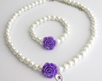 Personalized Flower Girl Necklace, Personalized flower girl jewelry set, Purple Rose Flower kids pearl necklace bracelet set, Wedding gifts