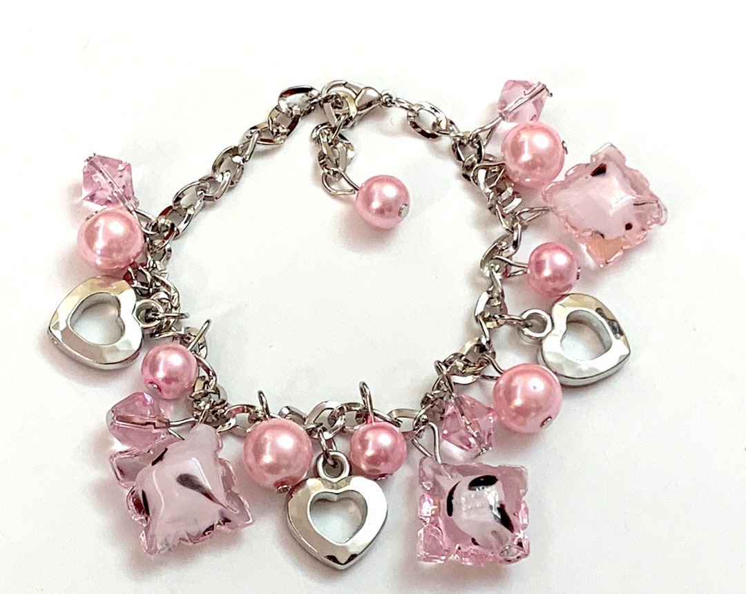 Heart Dangling Bracelet Pearls Beaded Bracelet, Charms Dangling 