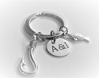 Fish Hook Keychain, Couples Two Initials Keychain,Anniversary Gift for Boyfriend,Gift for Husband Hand Stamped Key Chain