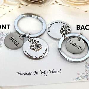 May include: A silver keychain with two round charms. One charm has a paw print and the words "forever in my heart." The other charm has the name "BULL." The back of the keychain has a charm with the date "15.01.21."