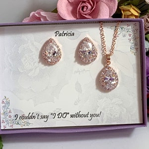 Rose Gold Bridesmaid gift set, Cubic Zirconia, Teardrop Bridesmaid Necklace Earrings Set, Bridesmaid Jewelry, Mother gift, Bridal party gift